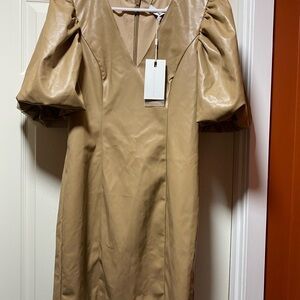 Faux Leather-Effect Puff Sleeve Dress in Camel